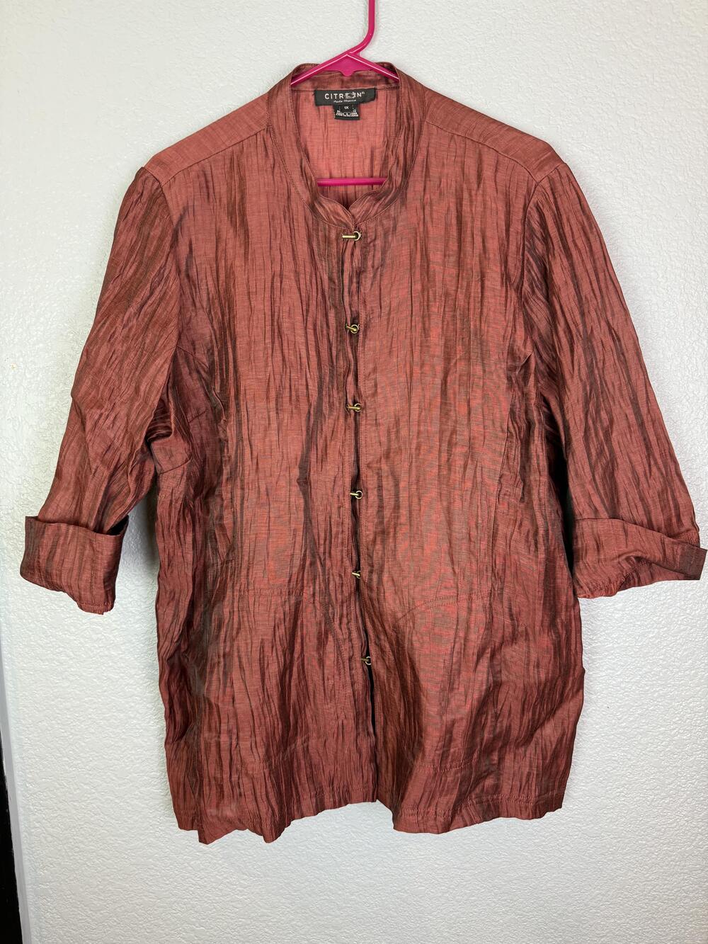 Citron Jacket Womens 1X Linen Blend Crinkle Mandarin Collar Pockets Boho